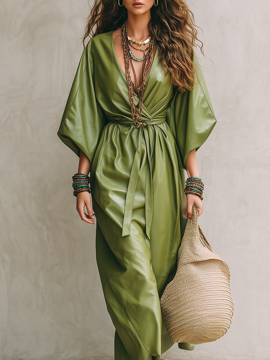 Vestido largo bohemio verde oliva en PU