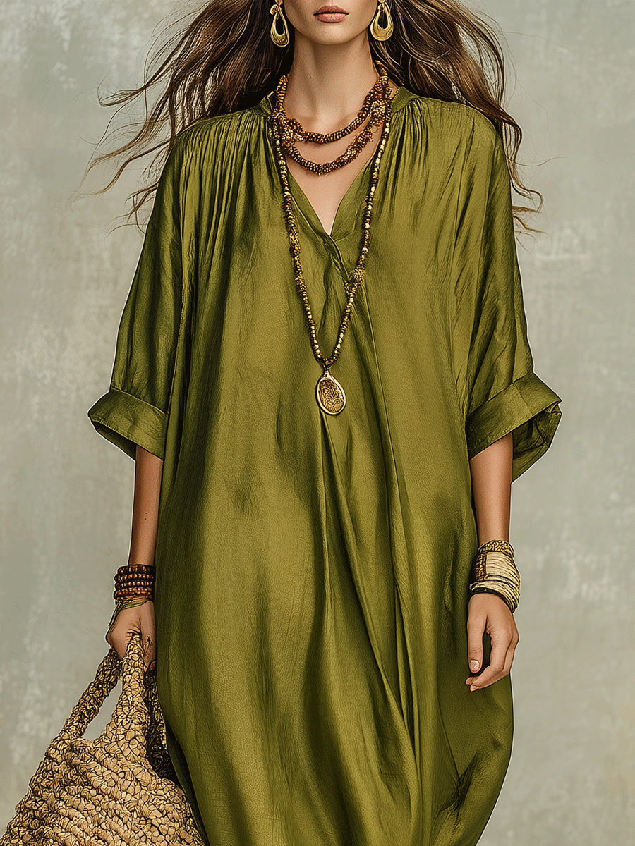 Vestido largo bohemio casual verde oliva