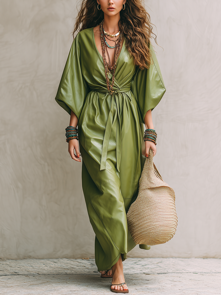 Vestido largo bohemio verde oliva en PU