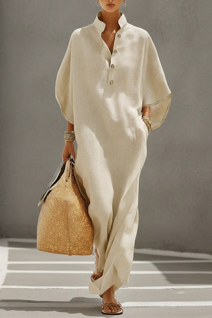 Vestido de lino color avena para mujer con cuello mao y mangas murciélago, de estilo casual chic atemporal