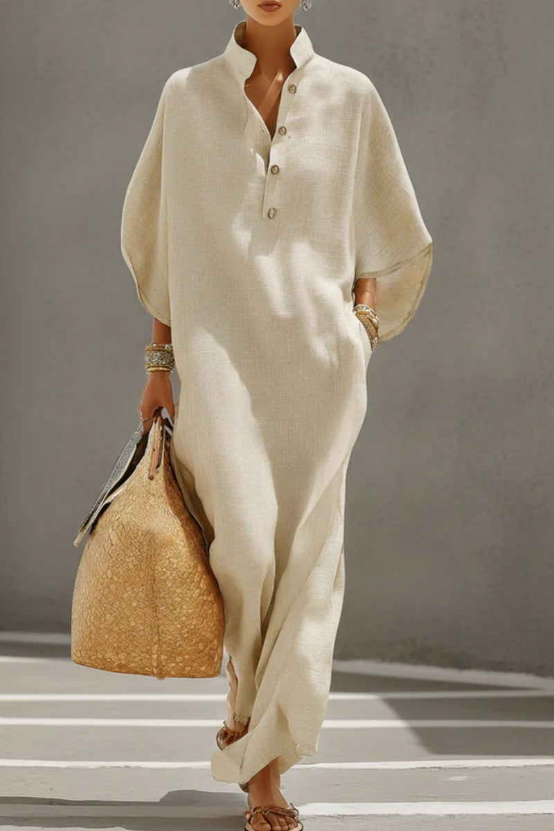 Vestido de lino color avena para mujer con cuello mao y mangas murciélago, de estilo casual chic atemporal