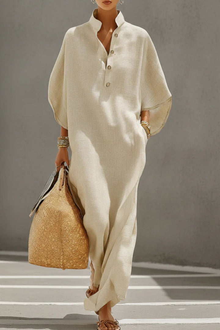 Vestido de lino color avena para mujer con cuello mao y mangas murciélago, de estilo casual chic atemporal