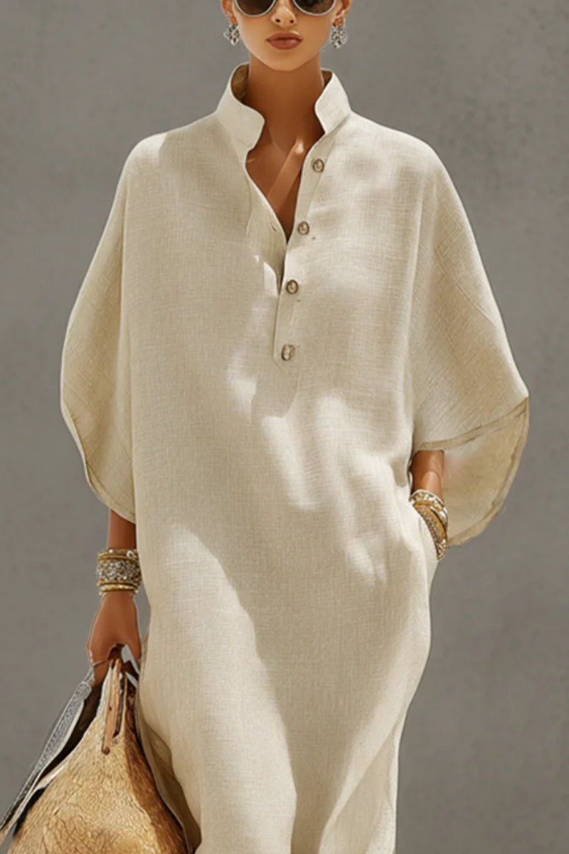 Vestido de lino color avena para mujer con cuello mao y mangas murciélago, de estilo casual chic atemporal