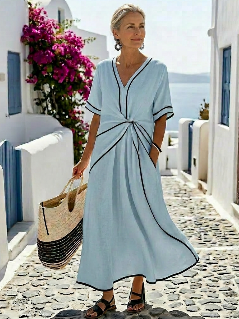 Lina | escote en V manga corta cintura fruncida vestido midi