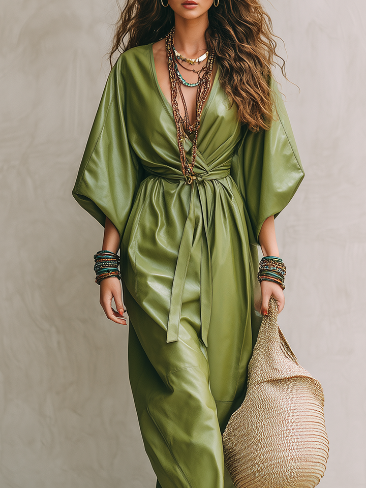 Vestido largo bohemio verde oliva en PU